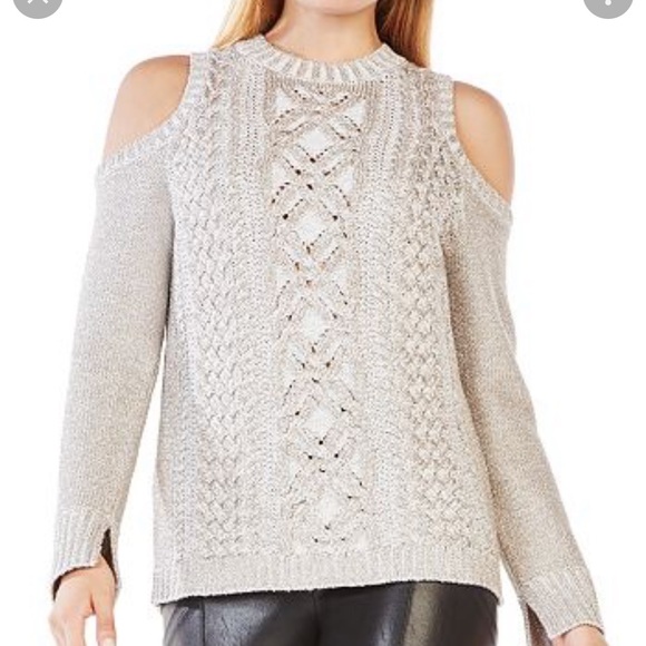 NWT BCBG MAXAZRIA  womens cold shoulder metallic silver sweater sz s champgn - Picture 2 of 16